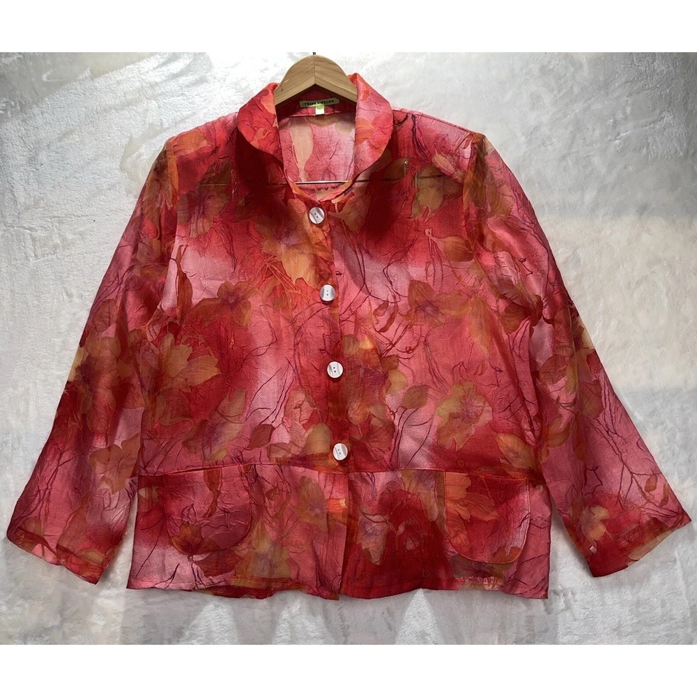Trisha Tyler Red Floral Women's PL Sheer Peplum Button Front Top Blouse Summer‎